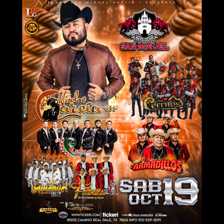 Event - Plaza San Miguel , presenta A NICOLAS GARCÍA, IMPARABLE BANDA CERRITOS, BANDA 512  - Dale, Texas - October 19, 2024 | concert tickets
