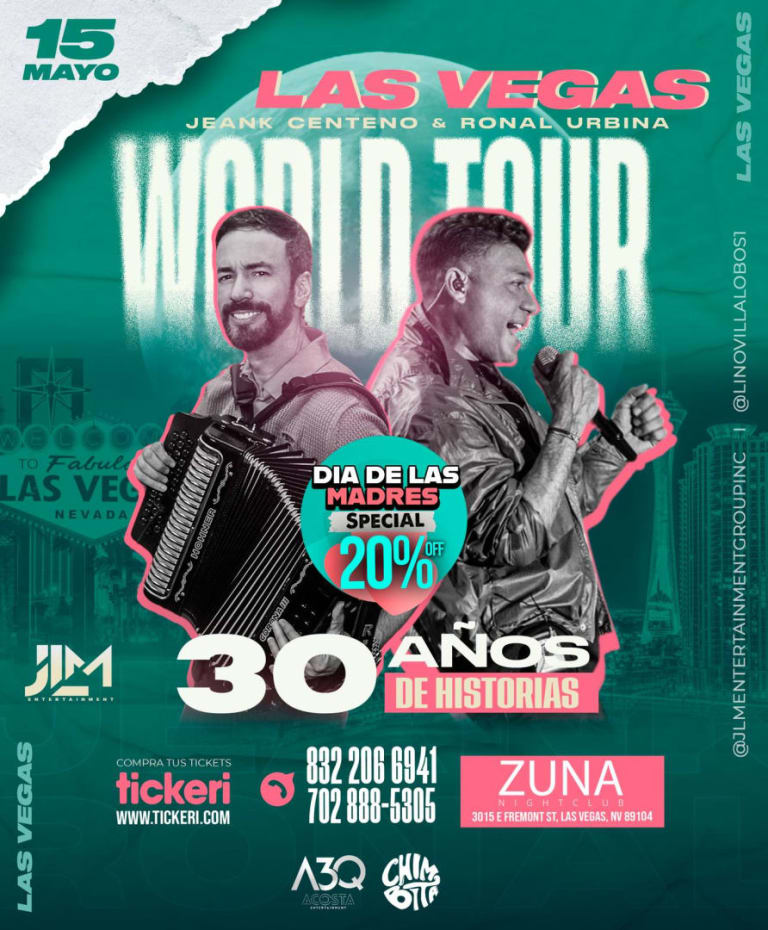 Event - JEANK CENTENO + RONAL URBINA ¡WORLD TOUR 2025: 30 AÑOS DE HISTORIA! - Las Vegas (Nevada) - Las Vegas, Nevada - May 15, 2025 | concert tickets
