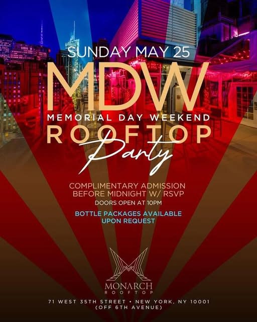 Event - Memorial Day Rooftop Party At Monarch Rooftop - New York, New York - May 25, 2025 | concert tickets