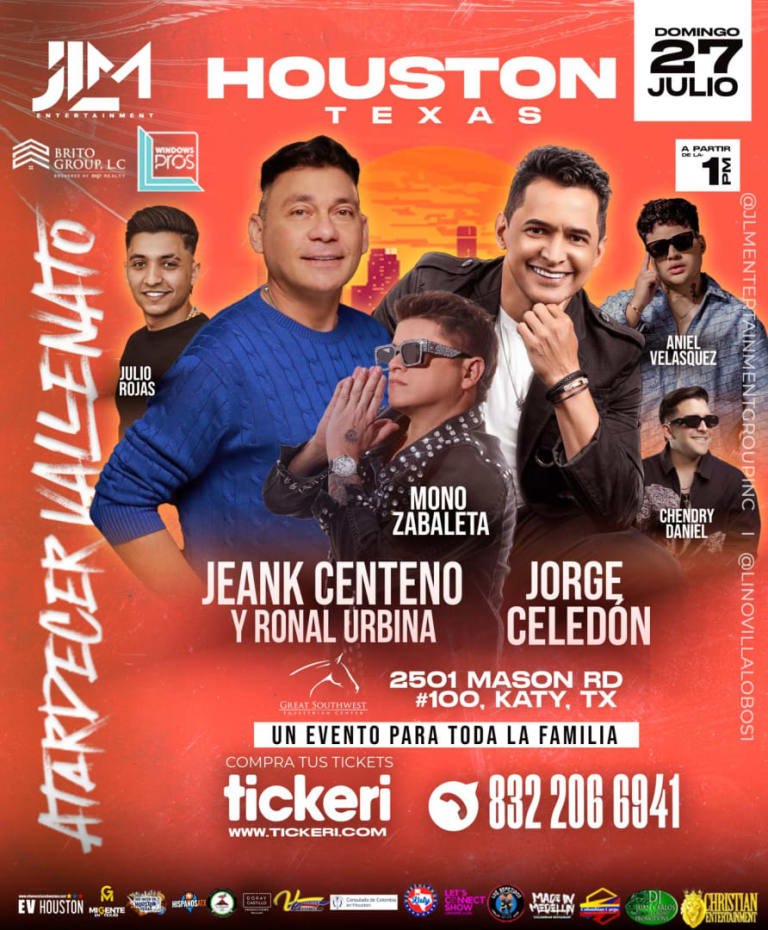 Event - Atardecer Vallenato 2025: JEANK CENTENO + RONAL URBINA, JORGE CELEDÓN, MONO ZABALETA, ANIEL VELASQUEZ, JULIO ROJAS Y CHENDRY DANIEL - Houston (Texas) - Katy, Texas - 27 de julio de 2025 | concert tickets