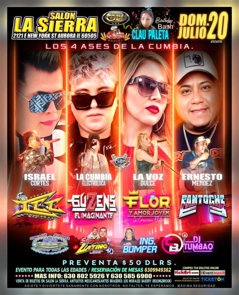 Event - ICC, Guzens El Imaginante, Flor y Amor Joven, y Fantoche – Los 4 Ases de la Cumbia en Salón La Sierra | Aurora, IL - Aurora, Illinois - July 20, 2025 | concert tickets
