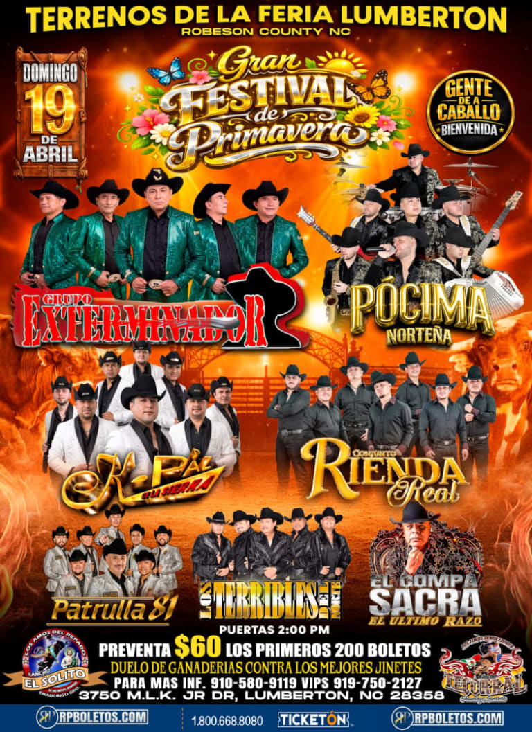 Event - Gran Festival de Primavera en Lumberton NC – Grupo Exterminador, Patrulla 81 y K-Paz de la Sierra - Lumberton, NC - Sun, April 19, 2026} | concert tickets