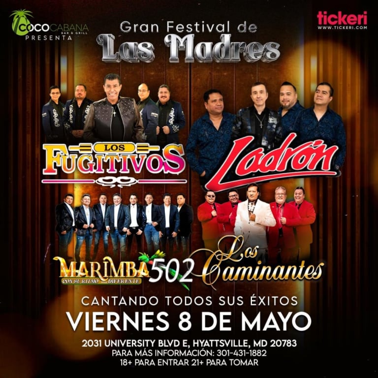 Event - LOS FUGITIVOS, LADRON, LOS CAMINANTES Y LA MARIMBA 502 EN CONCIERTO !!! - Adelphi, MD - vie, 8 de mayo de 2026} | concert tickets