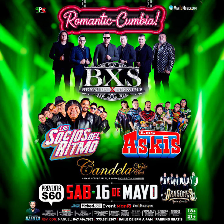 Event - Romantic Cumbia Night en Candela Night Club con Bryndis X Siempre, Los Socios del Ritmo y Los Askis - Niles, IL - Sat, May 16, 2026} | concert tickets