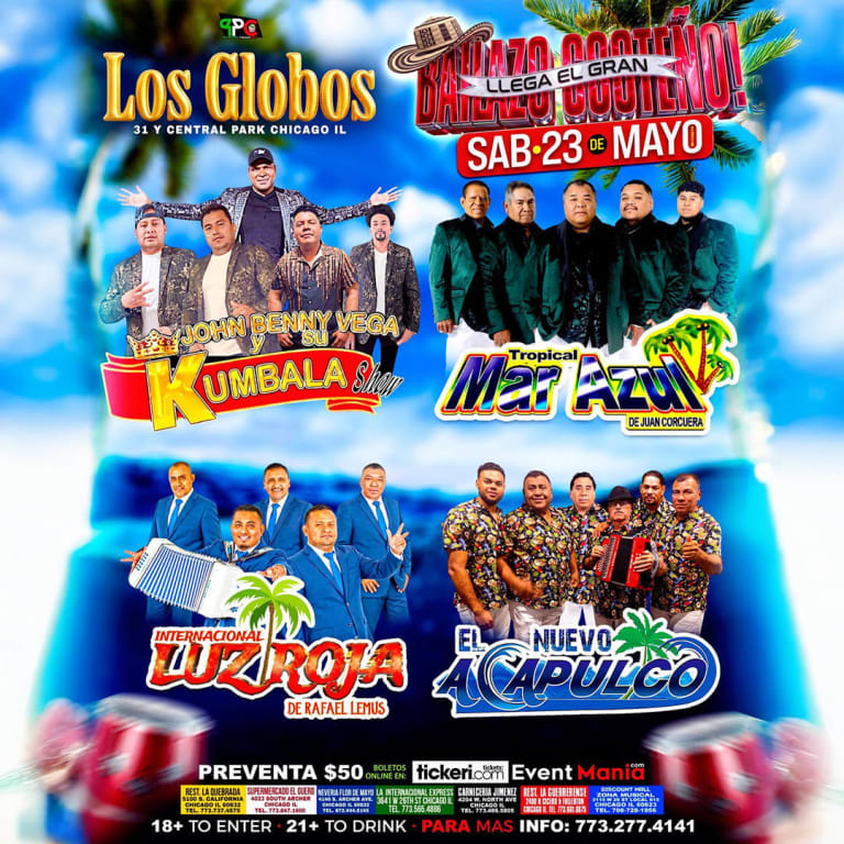 Event - Gran Bailazo Costeño en Los Globos con Mar Azul, Luz Roja y más - Chicago, IL - sáb, 23 de mayo de 2026} | concert tickets