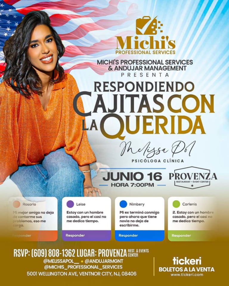 Event - MICHI'S PROFESSIONAL SERVICES PRESENTS: RESPONDIENDO CAJITAS CON LA QUERIDA MELISSA POL - Ventnor City, New Jersey - 16 de junio de 2026 | concert tickets