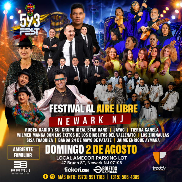 Event - 593 FEST | TIERRA CANELA,JAYAC,RUBEN DARIO Y SU GRUPO IDEAL STAR BAND, JAIME ENRIQUE AYMARA, BANDA 24 DE MAYO DE PATATE, LOS ZHUNAULAS, SISA TOAQUIZA en Newark Festival al aire libre - Newark, New Jersey - August 2, 2026 | concert tickets