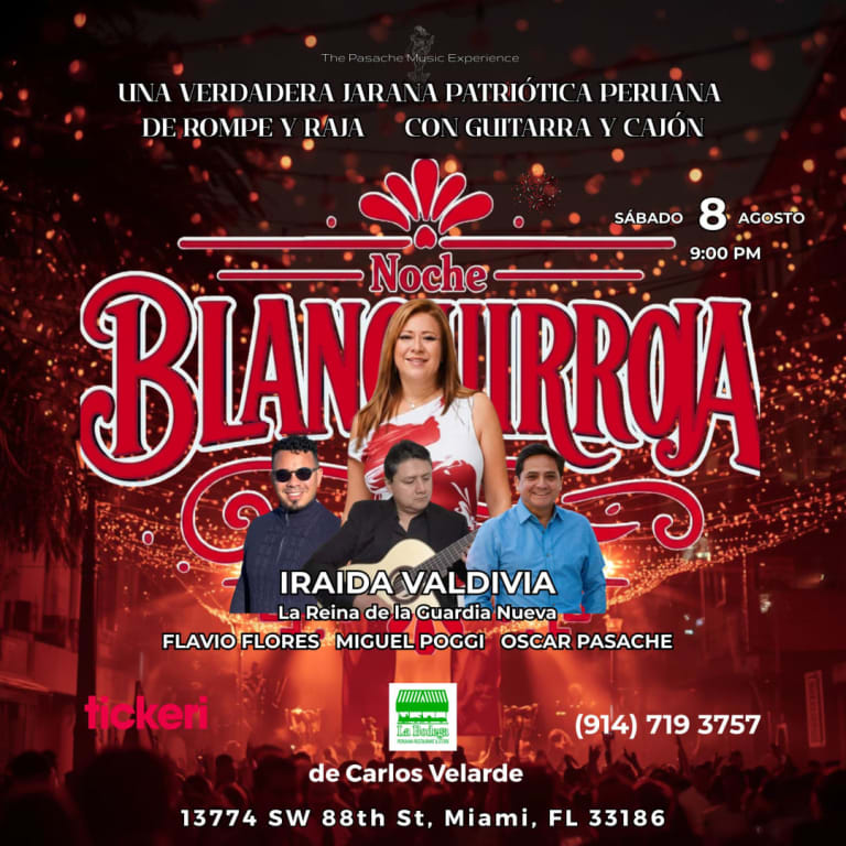 Event - NOCHE BLANQUIRROJA ft. Iraida Valdivia - Una Verdadera Jarana de Guitarra y Cajón en Miami, FL - Miami, Florida - 8 de agosto de 2026 | concert tickets