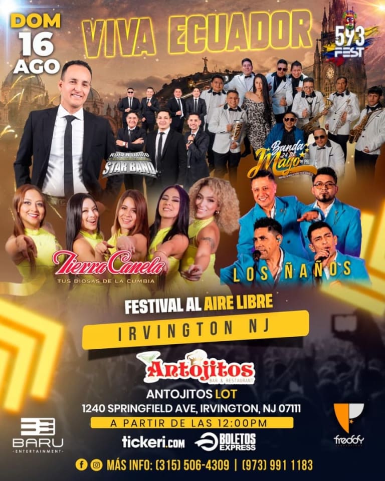 Event - 593 FEST | TIERRA CANELA ,RUBEN DARIO Y SU GRUPO IDEAL STAR BAND, BANDA 24 DE MAYO LOS ÑAÑOS en IRVINTON - Irvington, New Jersey - August 16, 2026 | concert tickets