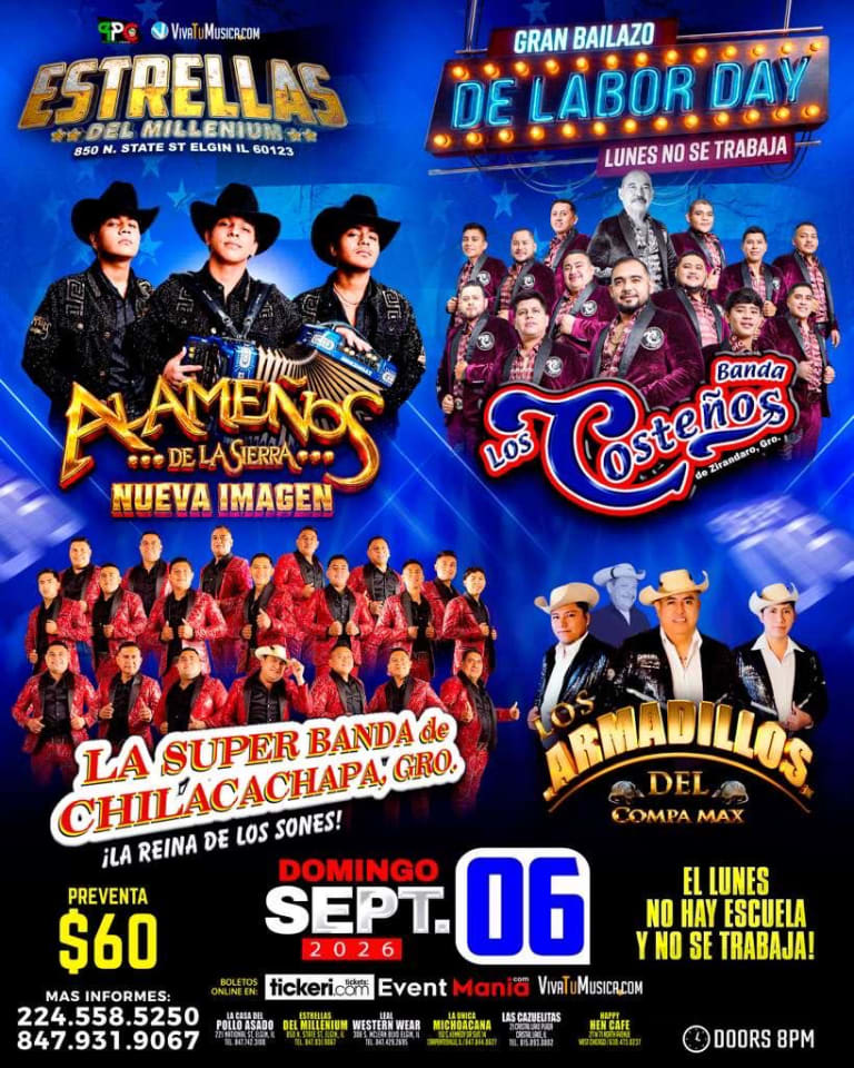 Event - Alameños de la Sierra, Banda Los Costeños de Zirándaro,. La Super Banda de Chilacachapa y Los Armadillos del Compa Max - Elgin, Illinois - September 6, 2026 | concert tickets