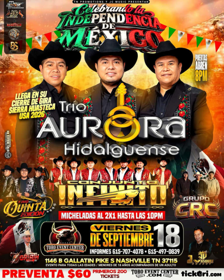 Event - Trio Aurora Hidalguense & Conjunto Infinito Mas, Trio Quinta Edicion, Grupo CRC, DJ Doriath y DJ Vasquez  - Nashville, Tennessee - September 18, 2026 | concert tickets