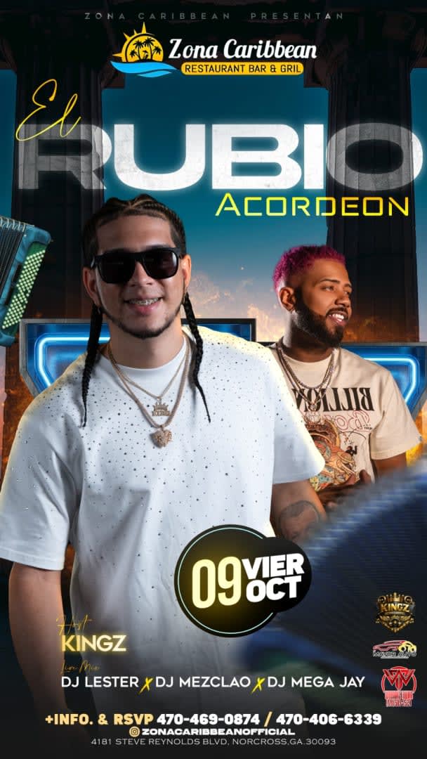 Event - RUBIO ACORDEAN EN ZONA CARIBBEAN BAR AND GRILL 9 DE OCTUBRE - Norcross, Georgia - October 9, 2026 | concert tickets