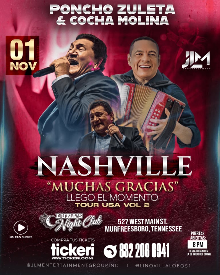 Event - Poncho Zuleta & Cocha Molina en Concierto en Nashville - Murfreesboro, TN - dom, 1 de noviembre de 2026} | concert tickets