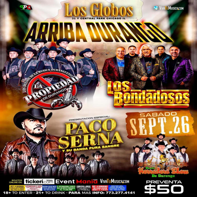 Event - La Propiedad de Durango, Los Bondadosos, Paco Serna & Banda Herradero Show en Aurora - Chicago, Illinois - September 26, 2026 | concert tickets