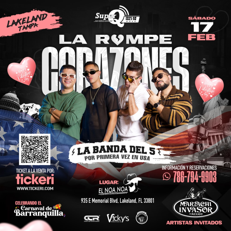 Event - LA BANDA DEL 5 EN CONCIERTO (LAKELAND, FL.) - CELEBRANDO EL DIA DEL AMOR Y CARNAVAL DE BARRANQUILLA - Lakeland, Florida - February 17, 2024 | concert tickets