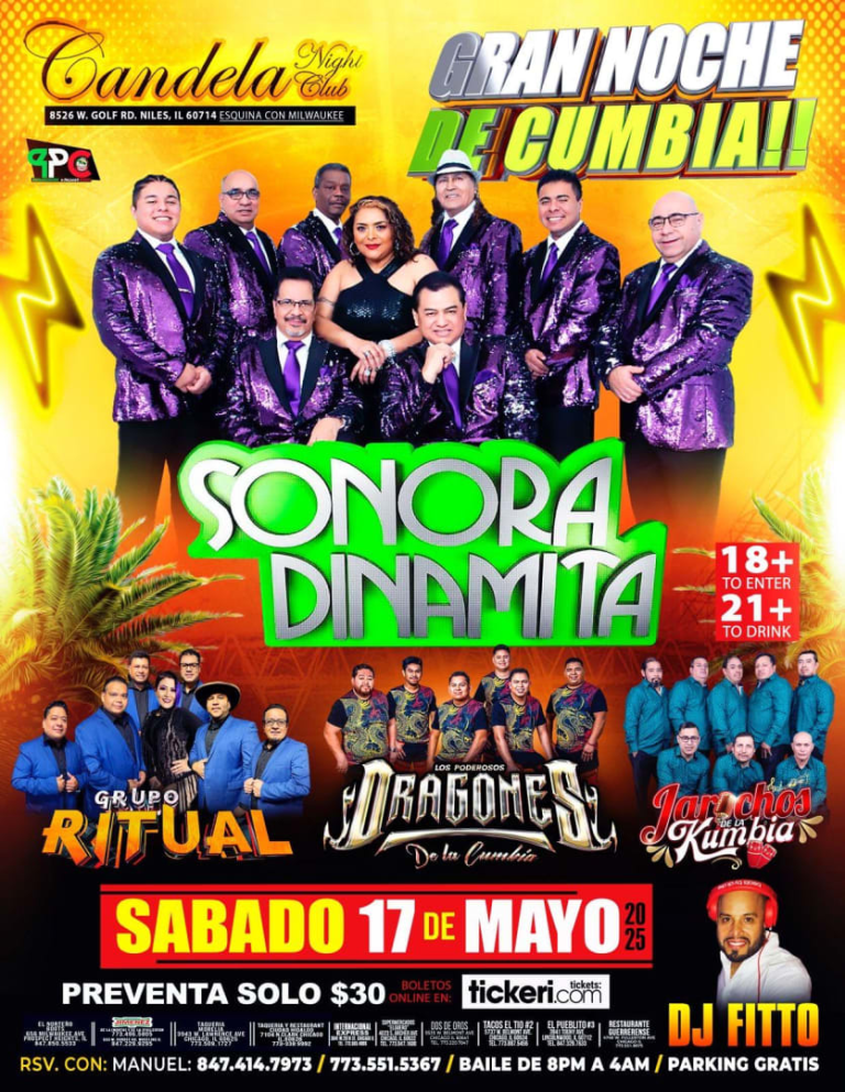 Event - Sonora Dinamita, Grupo Ritual, Dragones de la Cumbia y Jarocho's de la Kumbia en Candela Night Club - Niles, Illinois - May 17, 2025 | concert tickets