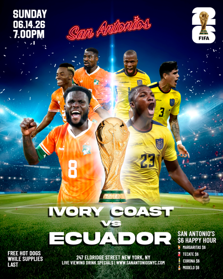 Event - Soccer Game Viewing Party: IVORY COAST vs ECUADOR at San Antonios - New York, NY - dom, 14 de junio de 2026} | concert tickets