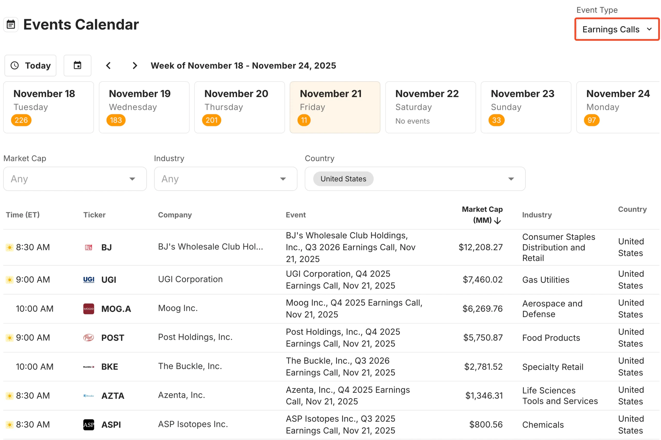 Events Calendar Earnings