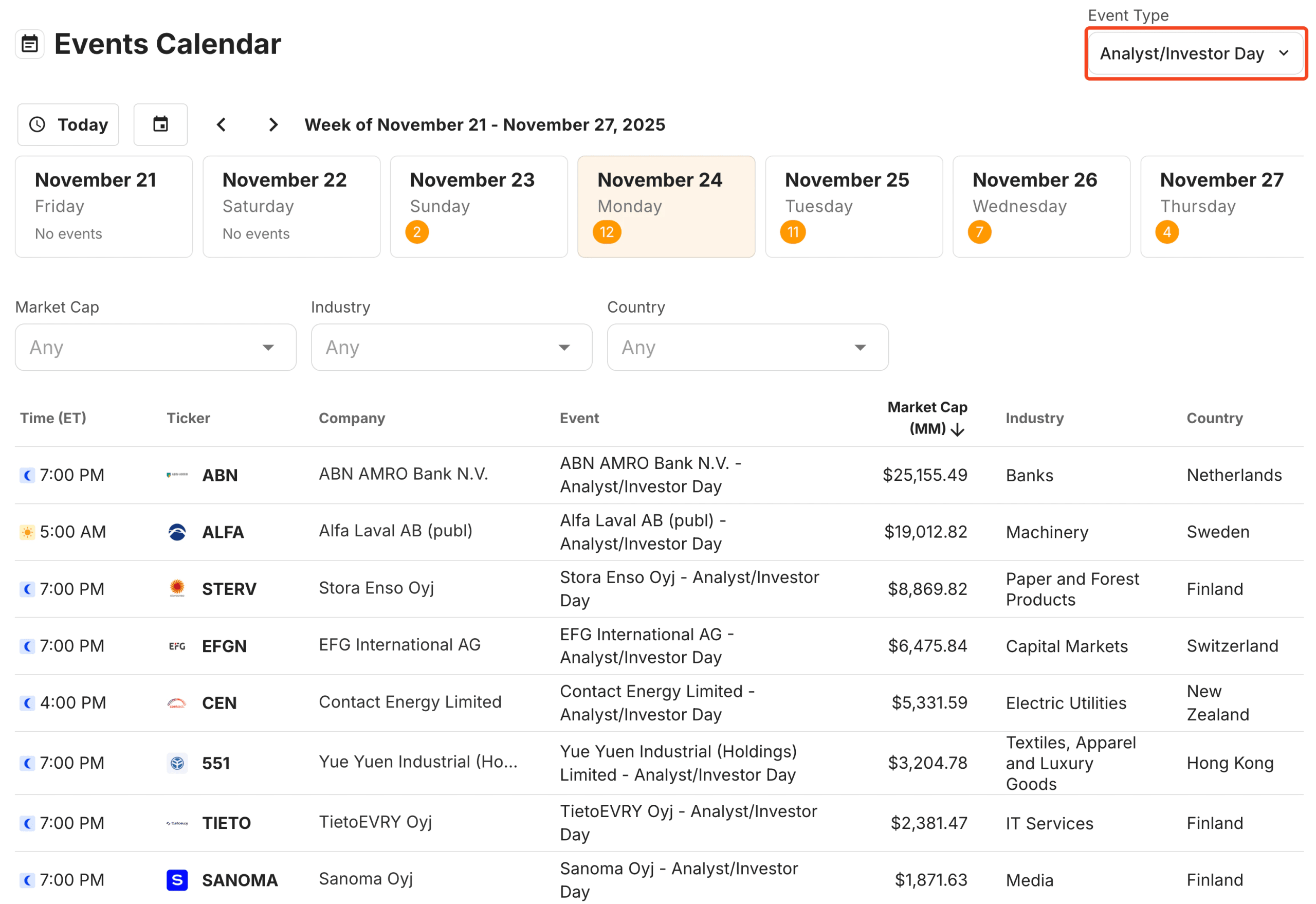 Events Calendar Investor Day