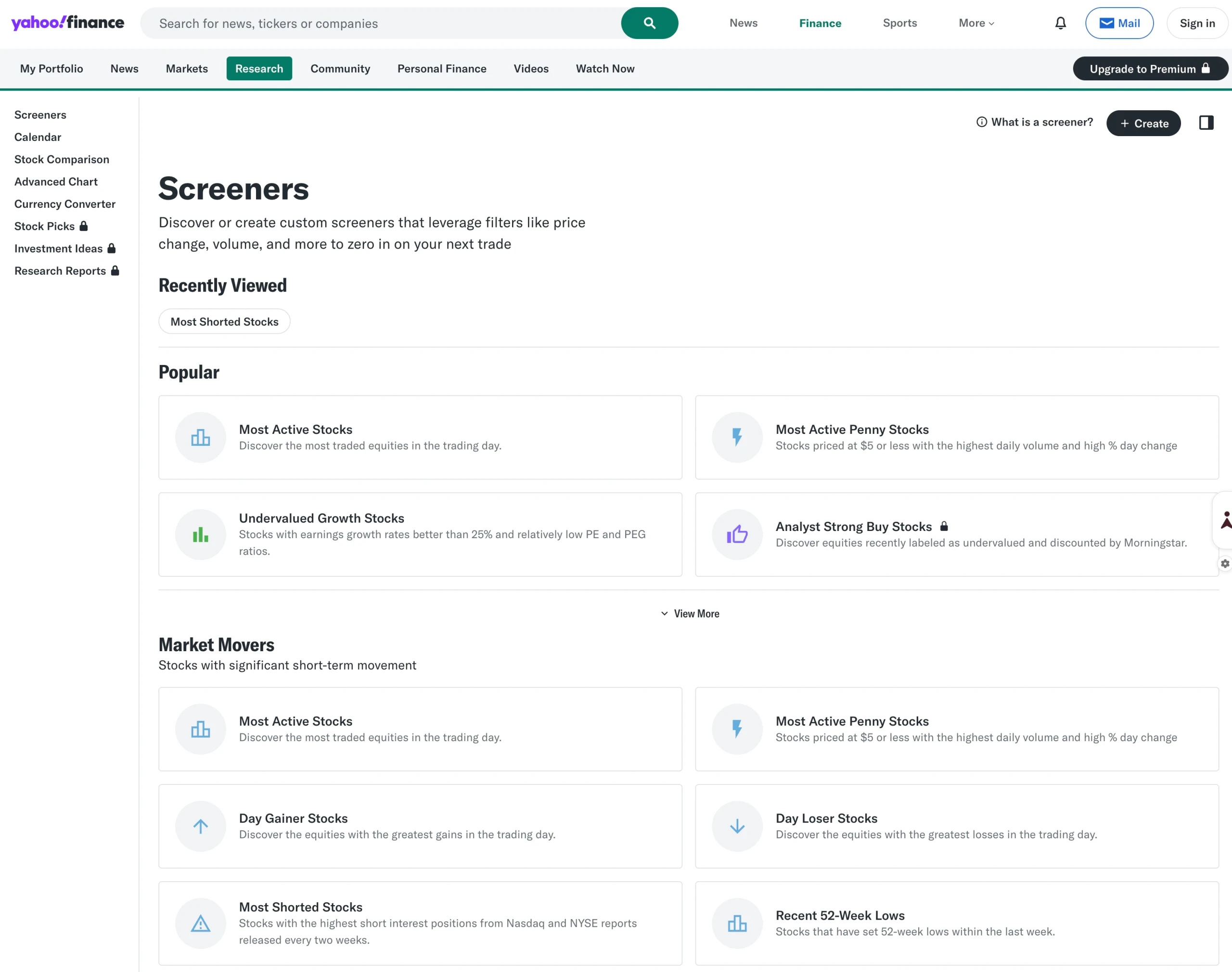 Yahoo Finance Screener Tool