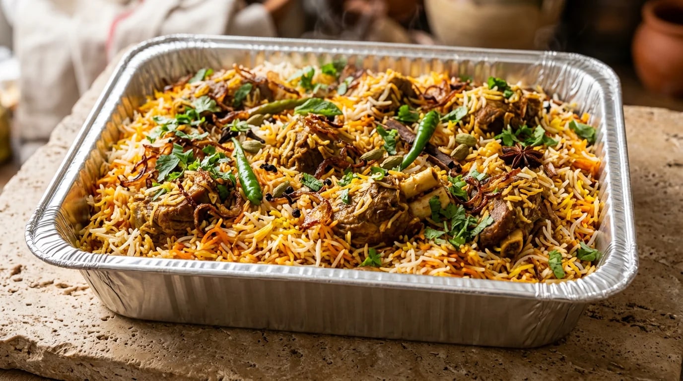 Hyderabadi goat dum biryani in a brass handi with fresh coriander, whole spices and fried onions