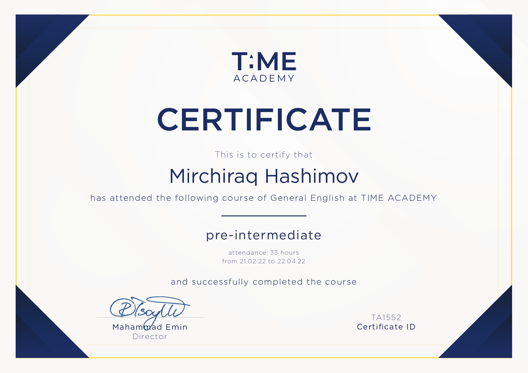 Mirchiraq Hashimov Certificate