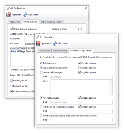 Zwei Screenshots der Ärztesoftware Easyordi. Es sind verschiedene Einstellungen zur Online-Buchung sichtbar.
