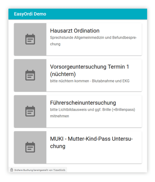 Ein Screenshot von TimeSloth Shop. Vier verschiedene Terminarten zeigen unterschiedliche Anwendungsfälle.