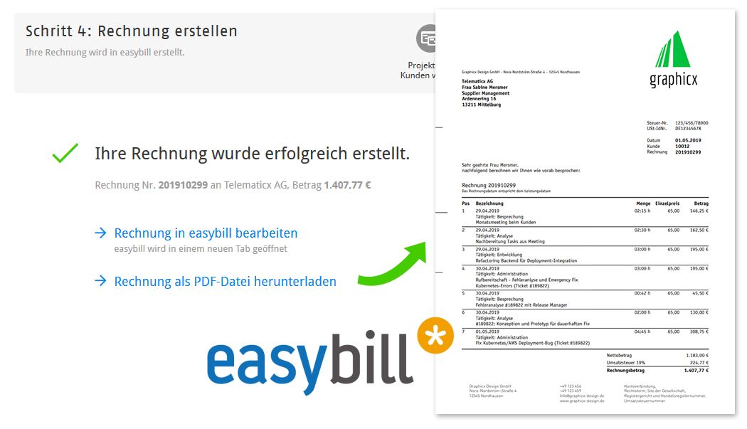 Screenshot: Rechnung aus der Zeiterfassung erstellen