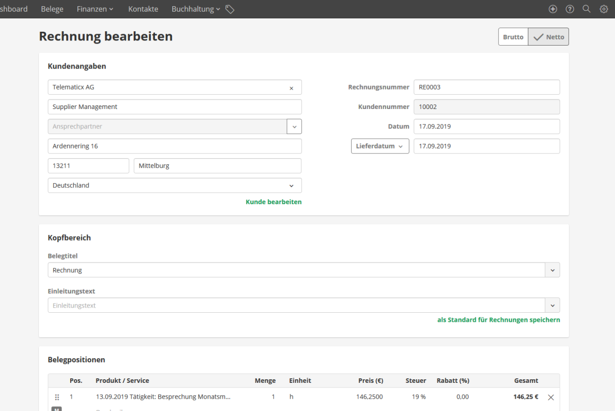 Screenshot: Rechnung bearbeiten in lexoffice