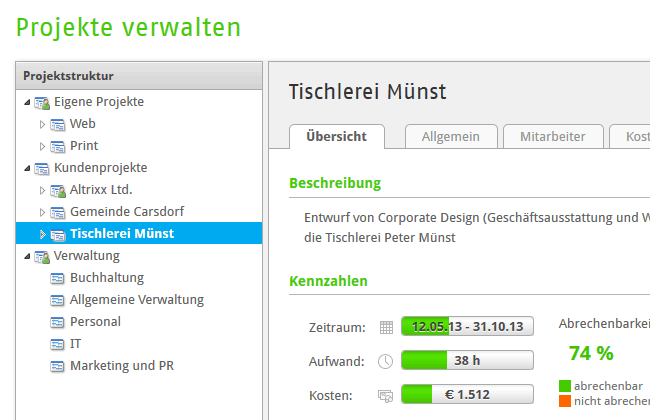 Screenshot: Projekte verwalten