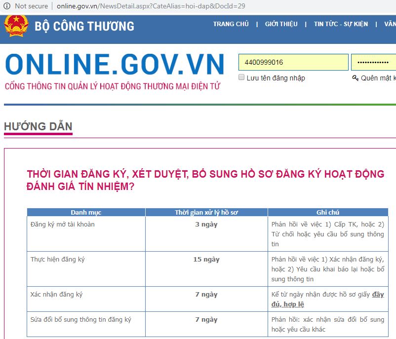 Thời gian đăng ký web với bộ công thương