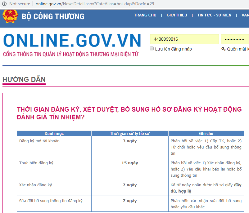 Thời gian đăng ký web với bộ công thương