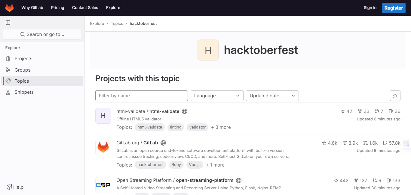 GitLab Hacktoberfest topic results page