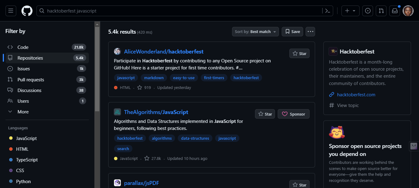 GitHub Hacktoberfest search by language results page