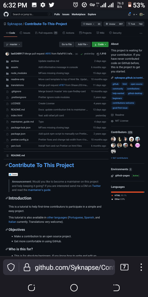 screenshot showing the mobile browser displaying the repository in desktop view