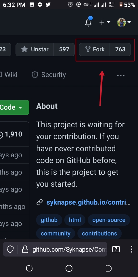 zoomed view of the repository in desktop view showing the fork button