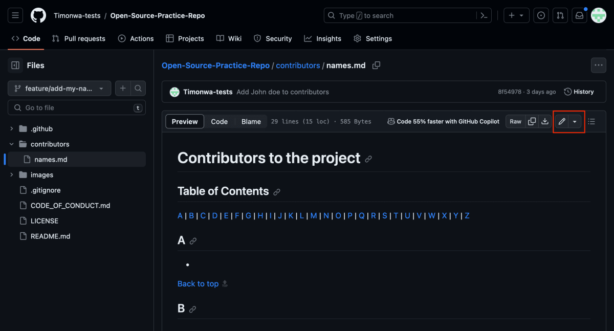 How to edit a file on GitHub