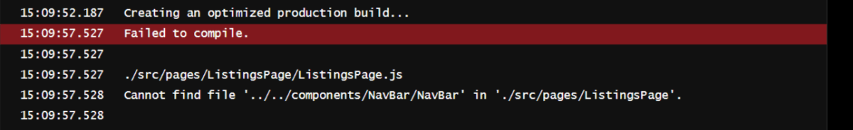 Build log displaying the second component error discovered during the debugging process