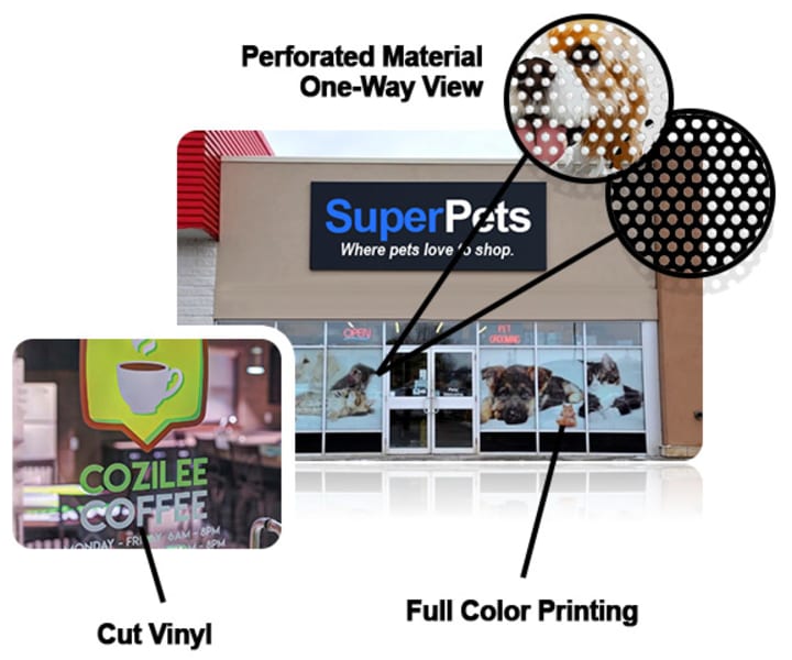 Commercial window graphics, storefront window graphics