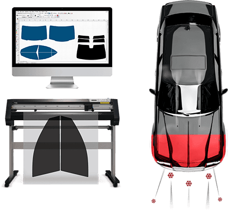 Mac desktop, film machine and black car