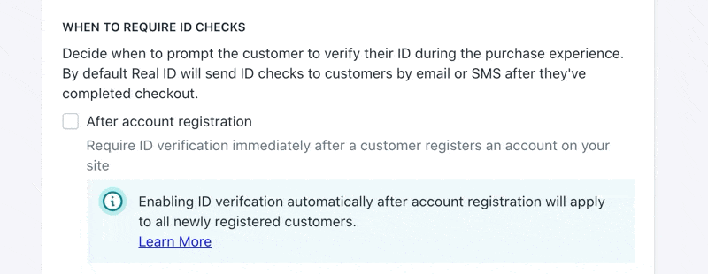 Enabling the ID verification prompt after a customer signs up in the settings page