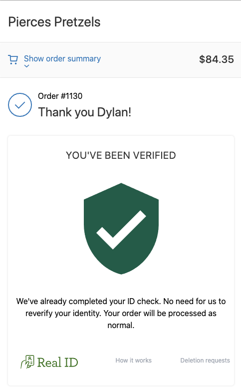 Example of a passed ID check in the order confirmation page