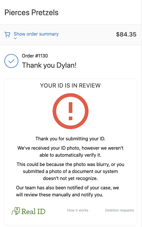 Example of a failed ID check in the order confirmation page