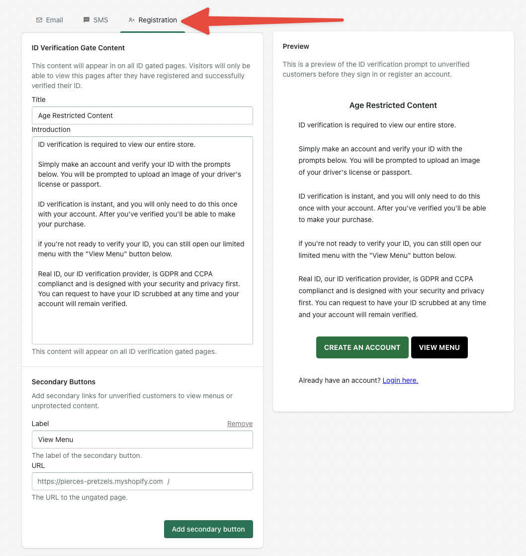 Opening the Registration appearance settings to modify the ID verification gate and add additional buttons