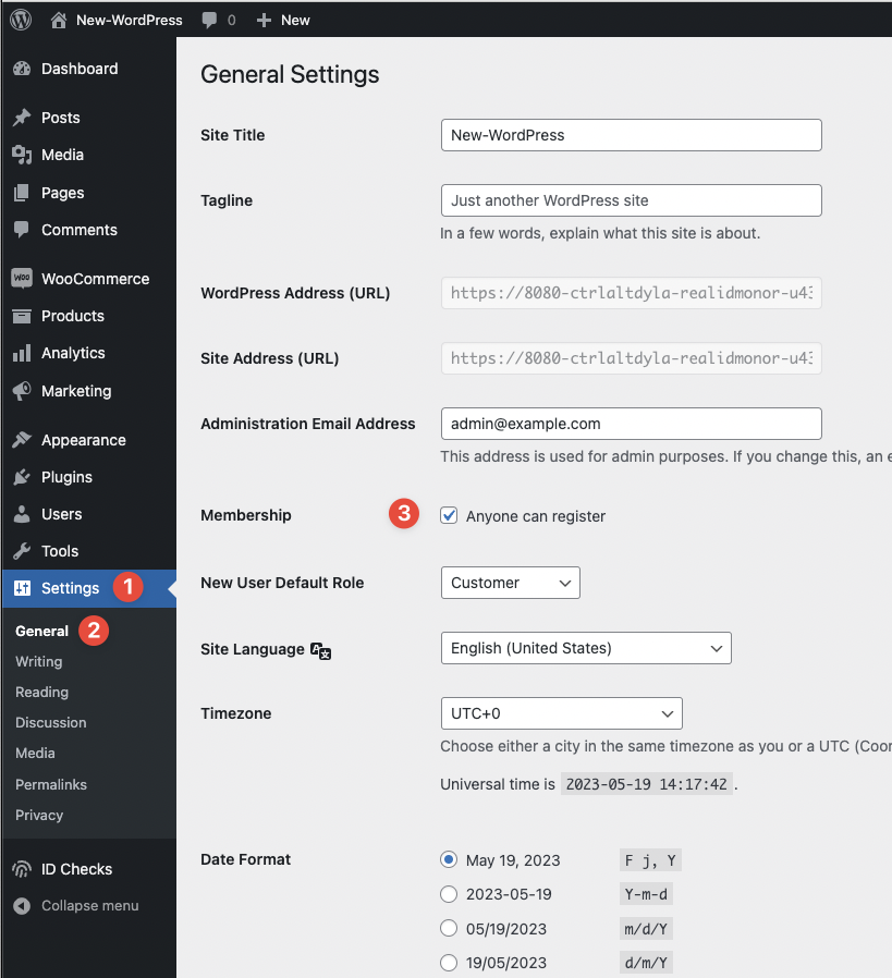 To enable users to register their own account on your WooCommerce site, first click Settings, then General and then enable "Anyone can register"