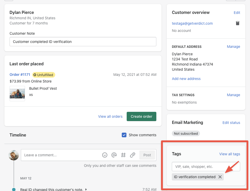 Example of an order tagged with "ID verification completed" so the customer isn't prompted for ID checking on future orders