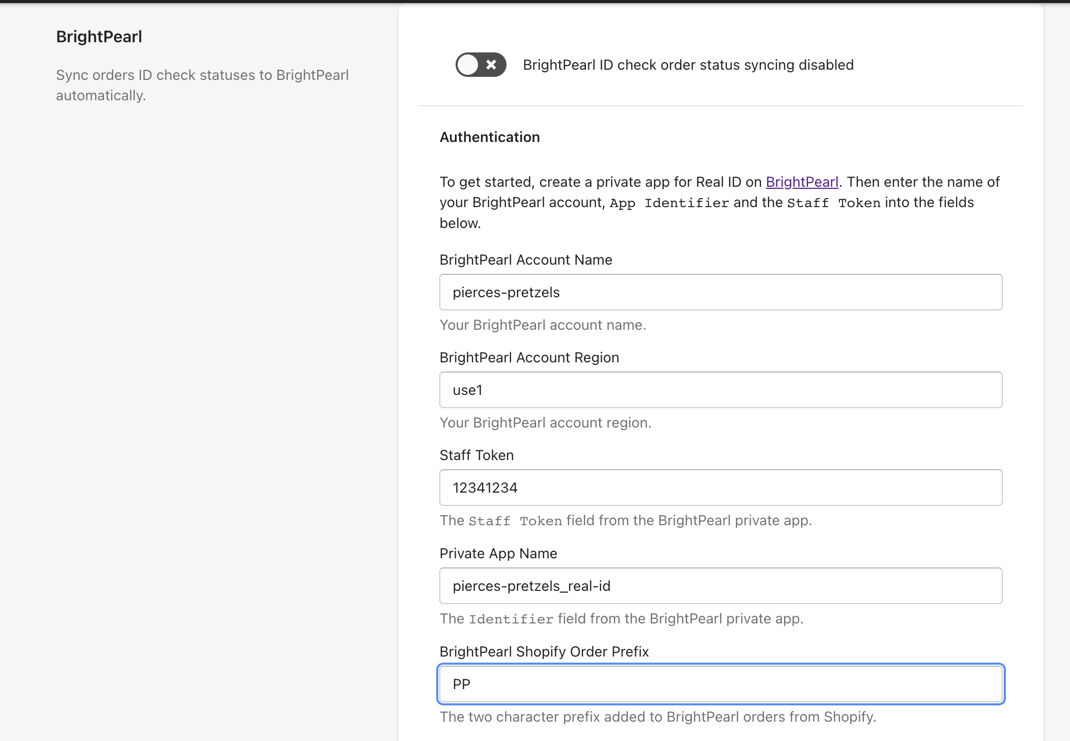 Brightpearl integration set up in Real ID to sync orders ID check state