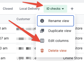 Open the modify columns action in the order view menu dropdown