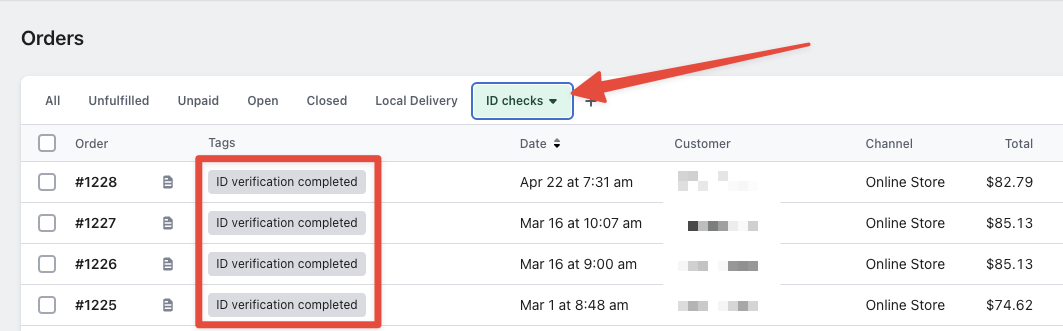 Example of an ID checks order view in Shopify so you can see ID verification statuses of each order at a glance